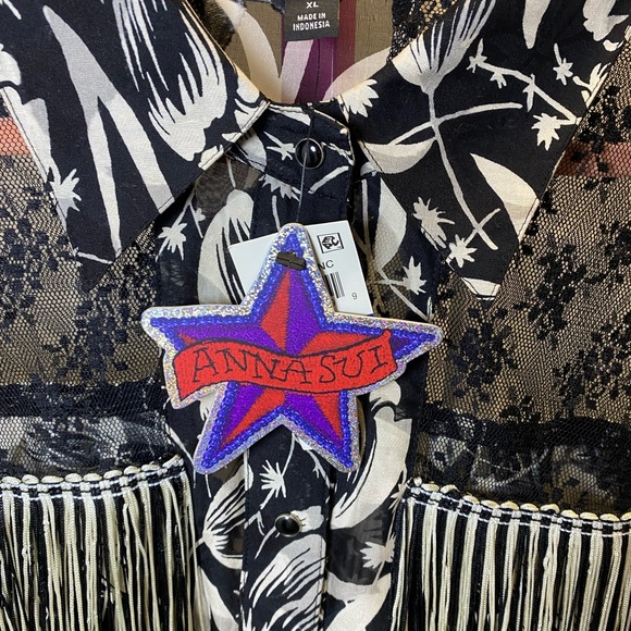 NWT ANNA SUI x INC International Concepts Black and Cream Floral Fringe Blouse - Picture 6 of 8